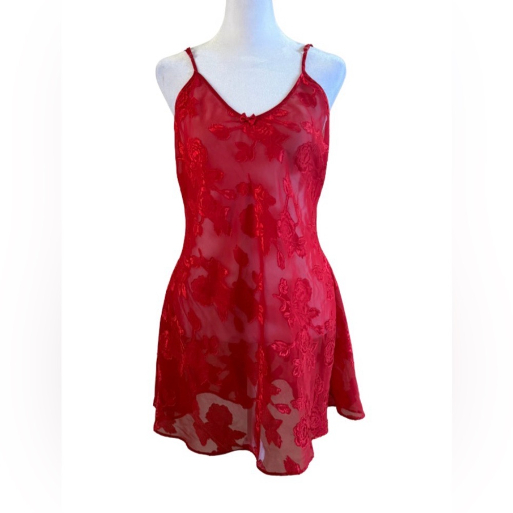 Frederick’s of Hollywood Red Sheer Floral Lace Babydoll